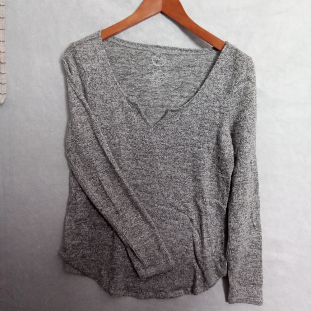 24/7 Comfort Apparel Womens Gray Metallic Shimmer Notch Neck Long Sleeve Top S